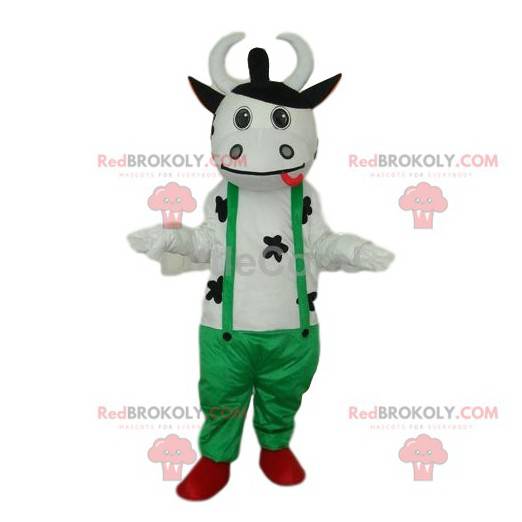 Mascote amigável de vaca branca, com macacão verde -