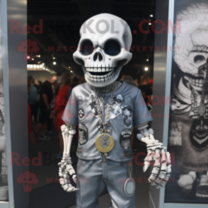 Silver Skull mascot costume character dressed with a Henley Shirt and Keychains