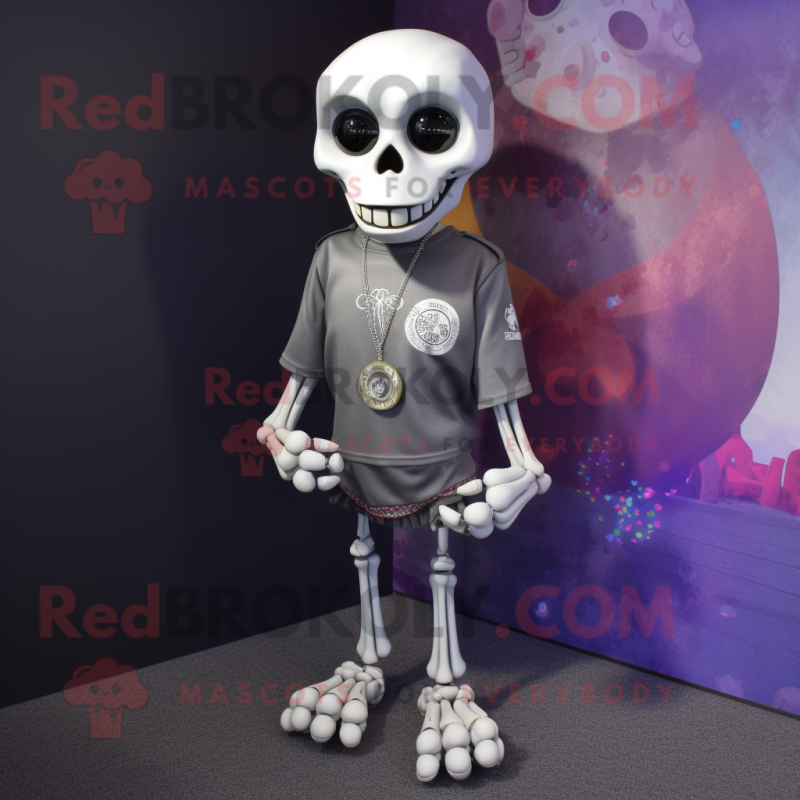 Silver Skull mascot costume character dressed with a Henley Shirt and Keychains Silver Skull mascot costume character dressed with a Henley Shirt and Keychains