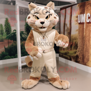 Beige Bobcat mascot costume character dressed with a Romper and Shoe laces