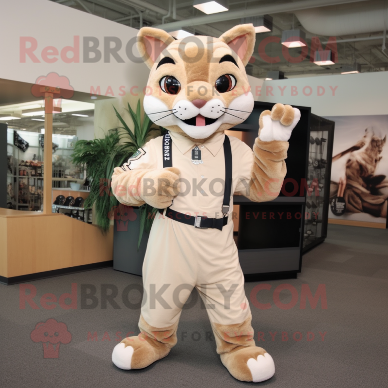 Beige Bobcat mascot costume character dressed with a Romper and Shoe laces