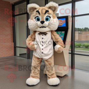 Beige Bobcat mascot costume character dressed with a Romper and Shoe laces
