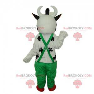 Mascote amigável de vaca branca, com macacão verde -
