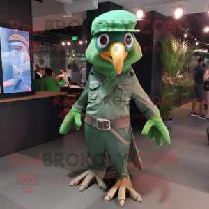 Green Falcon mascot costume character dressed with a Flare Jeans and Berets