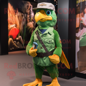 Green Falcon mascot costume character dressed with a Flare Jeans and Berets