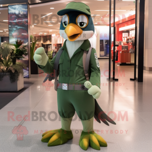 Green Falcon mascot costume character dressed with a Flare Jeans and Berets
