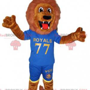 Mascote leão marrom fenomenal em roupas esportivas azuis -