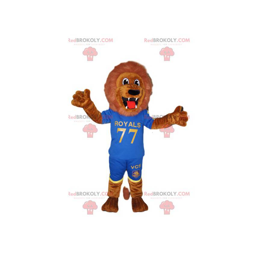 Fenomenal brun løve maskot i blå sportstøj - Redbrokoly.com Fenomenal brun løve maskot i blå sportstøj - Redbrokoly.com
