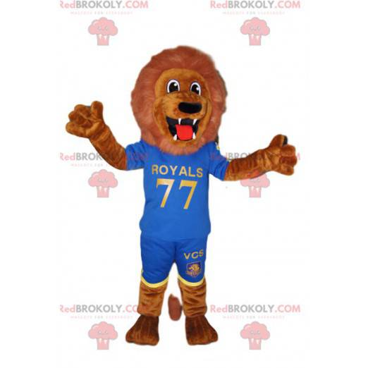 Fenomenal mascota del león marrón en ropa deportiva azul -