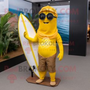 Yellow Surfboard mascot costume character dressed with a Jumpsuit and Reading glasses