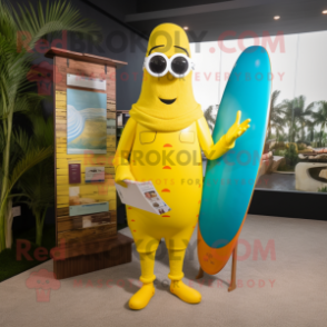Yellow Surfboard mascot costume character dressed with a Jumpsuit and Reading glasses