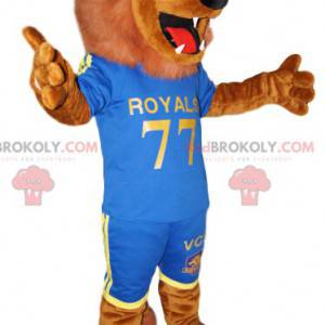 Fenomenale mascotte leone marrone in abiti sportivi blu -