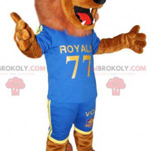 Phenomenal brown lion mascot in blue sportswear - Redbrokoly.com