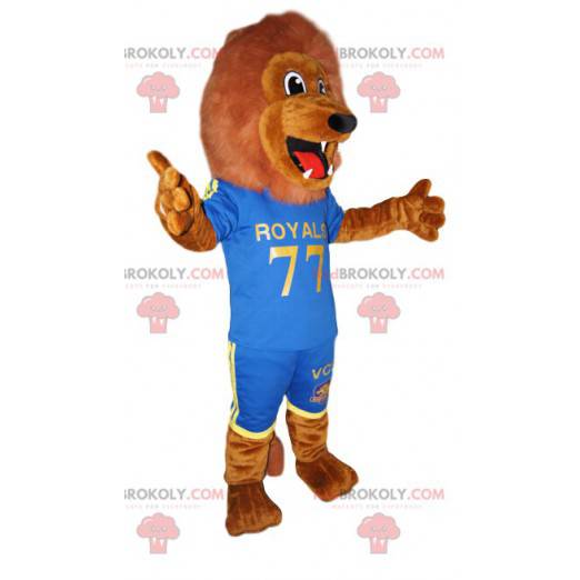 Fenomenal mascota del león marrón en ropa deportiva azul -
