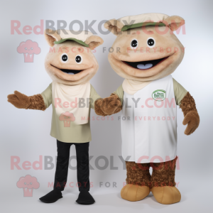 Beige Pulled Pork Sandwich mascot costume character dressed with a Henley Shirt and Cummerbunds