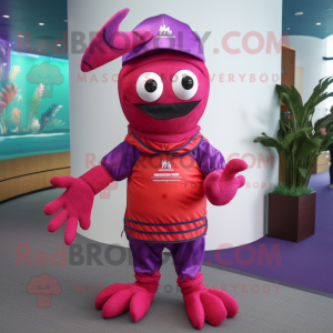 Magenta Lobster mascot costume character dressed with a Bermuda Shorts and Caps
