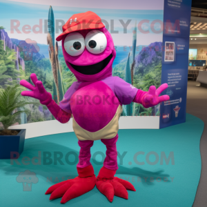 Magenta Lobster mascot costume character dressed with a Bermuda Shorts and Caps