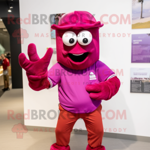 Magenta Lobster mascot costume character dressed with a Bermuda Shorts and Caps