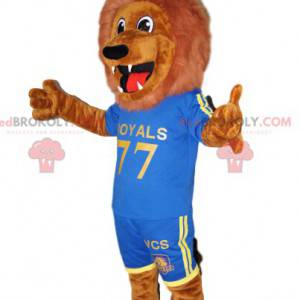 Mascotte de lion marron phénoménal en tenue de sport bleue -