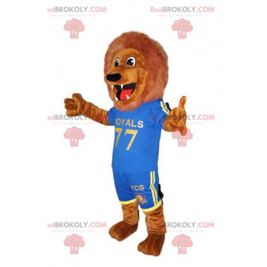 Mascotte de lion marron phénoménal en tenue de sport bleue -