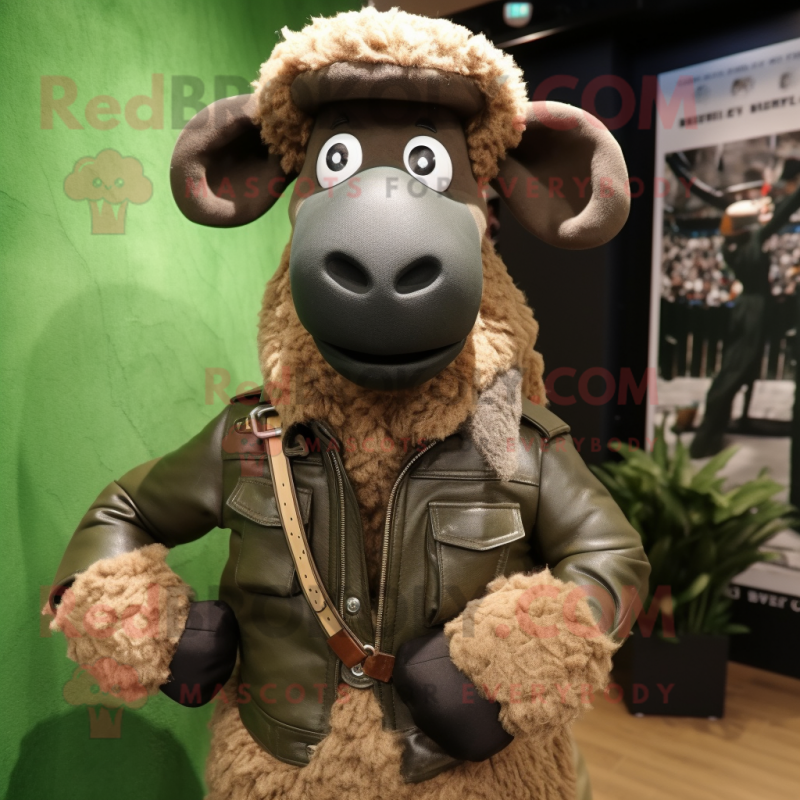 Olive Sheep mascot costume character dressed with a Leather Jacket and Scarf clips