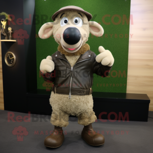 Olive Sheep mascot costume character dressed with a Leather Jacket and Scarf clips