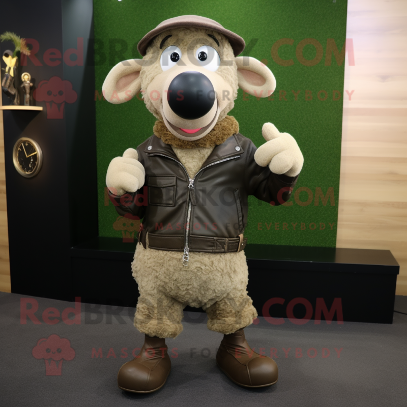 Olive Sheep mascot costume character dressed with a Leather Jacket and Scarf clips