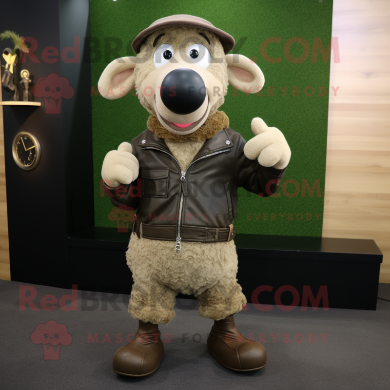 Olive Sheep mascot costume character dressed with a Leather Jacket and Scarf clips Olive Sheep mascot costume character dressed with a Leather Jacket and Scarf clips