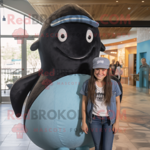 Black Narwhal mascot costume character dressed with a Mom Jeans and Hats