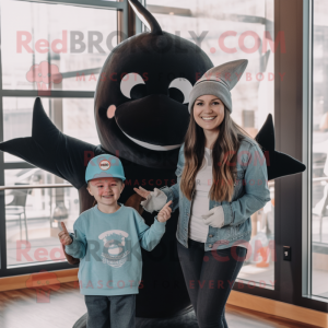 Black Narwhal mascot costume character dressed with a Mom Jeans and Hats