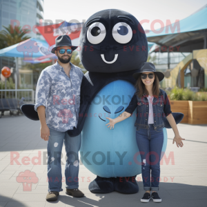 Black Narwhal mascot costume character dressed with a Mom Jeans and Hats