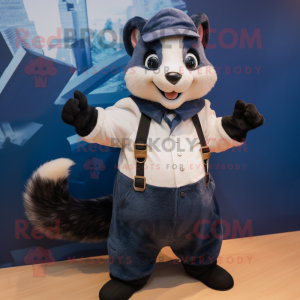 Navy Skunk mascot costume character dressed with a Dungarees and Suspenders