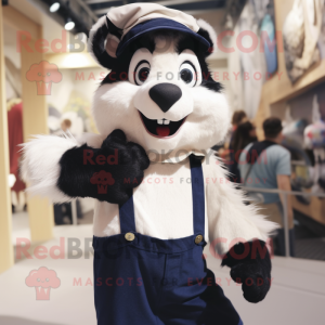 Navy Skunk mascot costume character dressed with a Dungarees and Suspenders