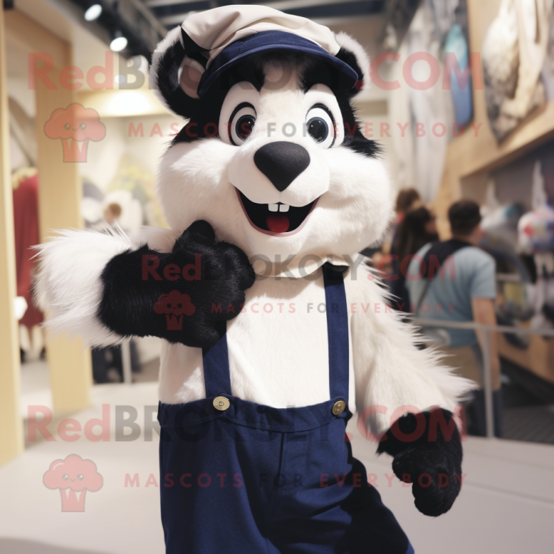 Navy Skunk mascot costume character dressed with a Dungarees and Suspenders