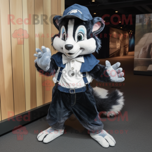 Navy Skunk mascot costume character dressed with a Dungarees and Suspenders