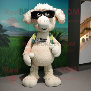 Cream Sheep mascot costume character dressed with a Bermuda Shorts and Eyeglasses