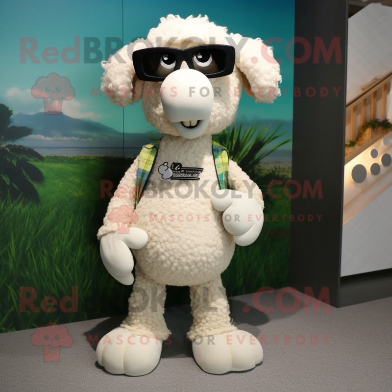 Cream Sheep mascot costume character dressed with a Bermuda Shorts and Eyeglasses