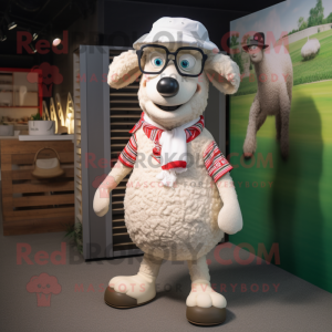 Cream Sheep mascot costume character dressed with a Bermuda Shorts and Eyeglasses
