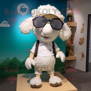 Cream Sheep mascot costume character dressed with a Bermuda Shorts and Eyeglasses