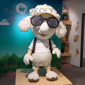 Cream Sheep mascot costume character dressed with a Bermuda Shorts and Eyeglasses