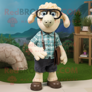 Cream Sheep mascot costume character dressed with a Bermuda Shorts and Eyeglasses