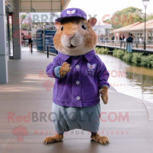 Lavender Capybara mascot costume character dressed with a Flare Jeans and Caps