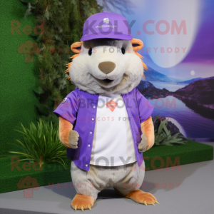 Lavender Capybara mascot costume character dressed with a Flare Jeans and Caps