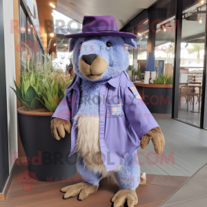 Lavender Capybara mascot costume character dressed with a Flare Jeans and Caps