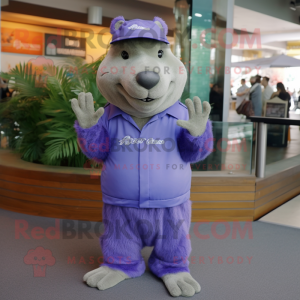 Lavender Capybara mascot costume character dressed with a Flare Jeans and Caps