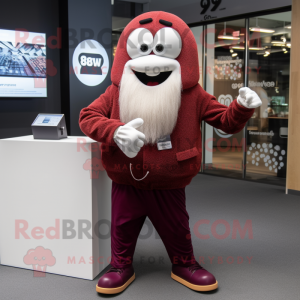 Maroon Onion mascot costume character dressed with a Suit Jacket and Smartwatches