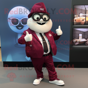 Maroon Onion mascot costume character dressed with a Suit Jacket and Smartwatches