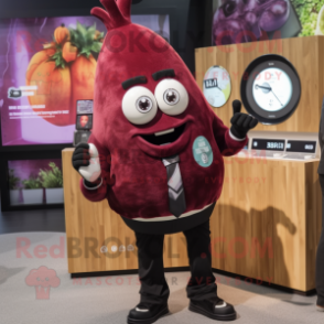 Maroon Onion mascot costume character dressed with a Suit Jacket and Smartwatches