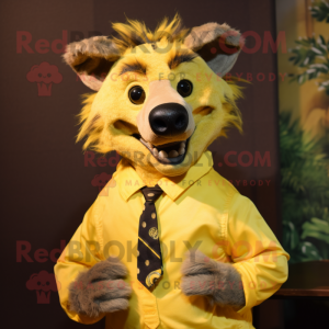 Yellow Hyena mascot costume character dressed with a Oxford Shirt and Tie pins