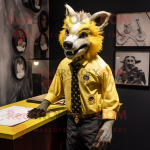 Yellow Hyena mascot costume character dressed with a Oxford Shirt and Tie pins